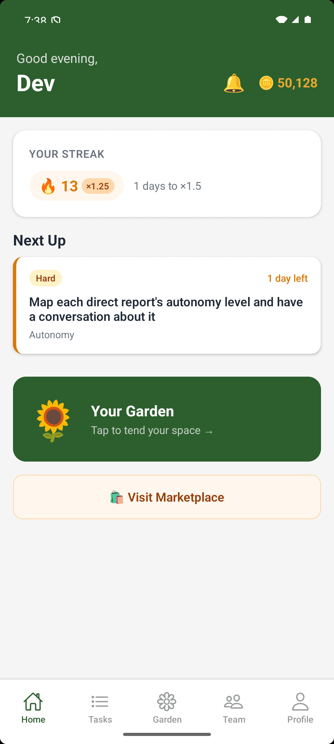 Grove home screen showing today's task and 14-day streak